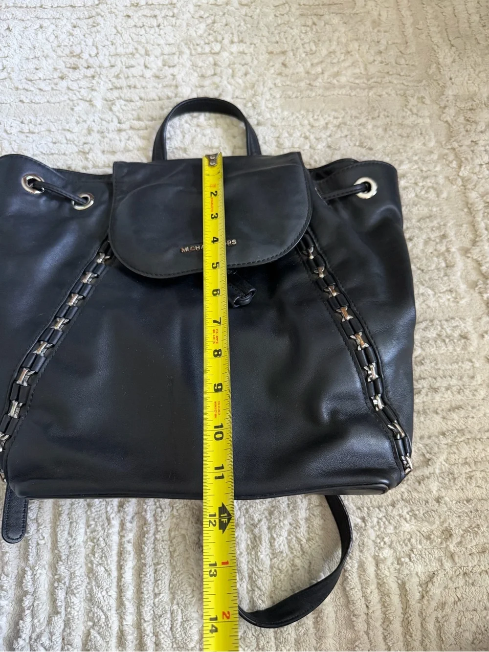 Michael Kors Black Leather Chain-Trim Drawstring Backpack